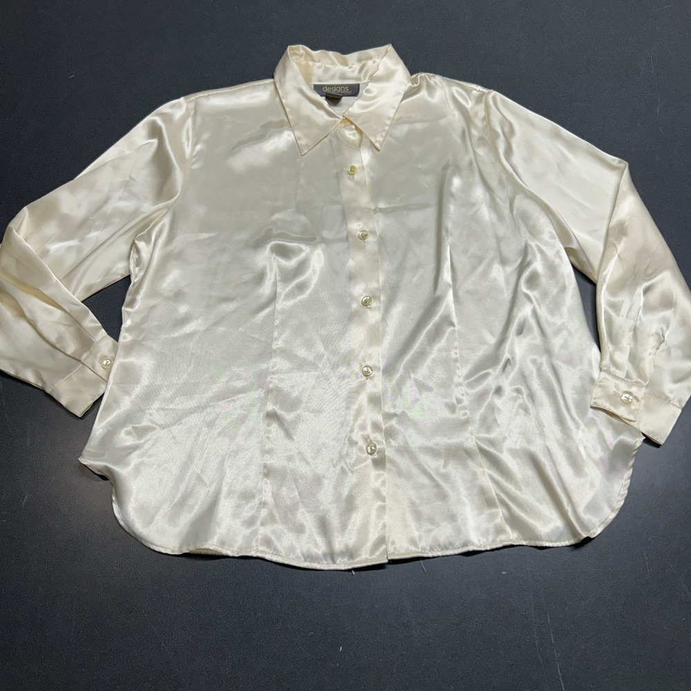 VTG Lane Bryant Cream Satin Blouse Women's 14 16 Button Up Long Sleeve Dressy